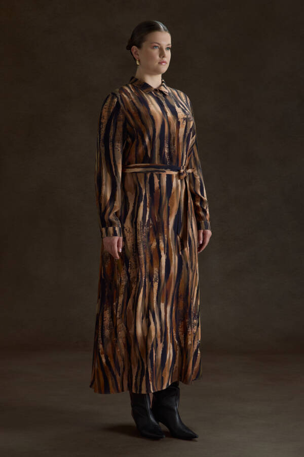 Kahverengi Desenli Viscon Elbise - 4