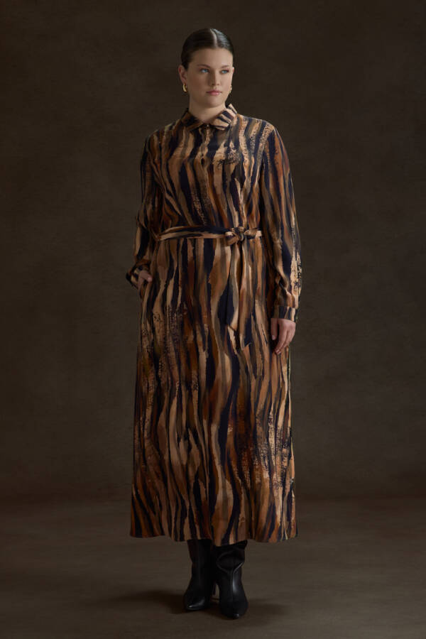 Kahverengi Desenli Viscon Elbise - Aker