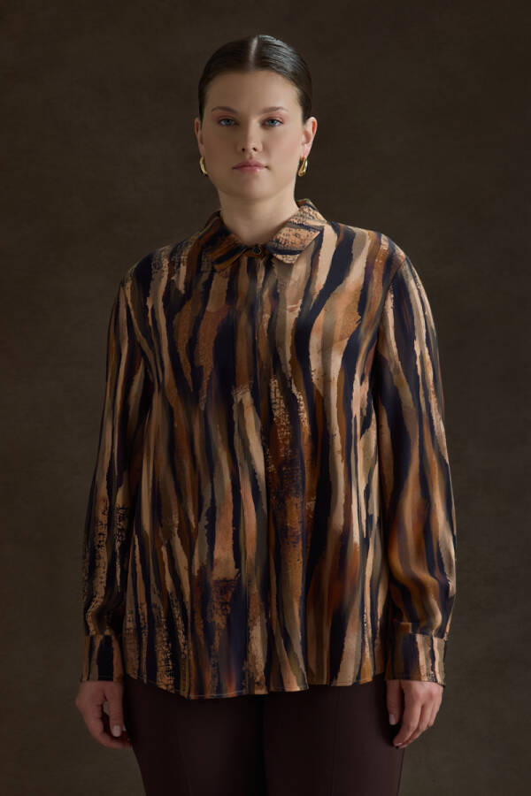 Kahverengi Desenli Viscon Bluz - 2