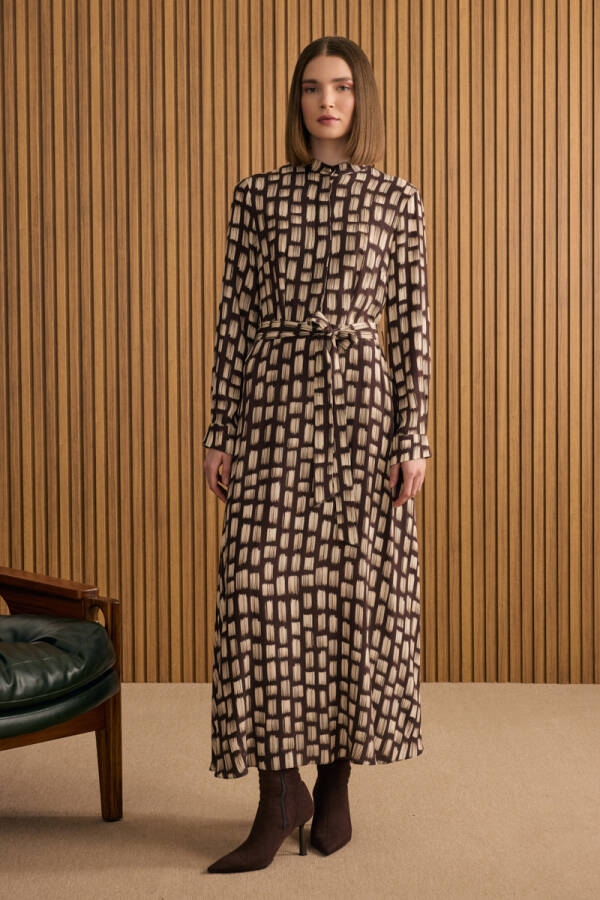 Kahverengi Desenli Viscon Elbise - Aker