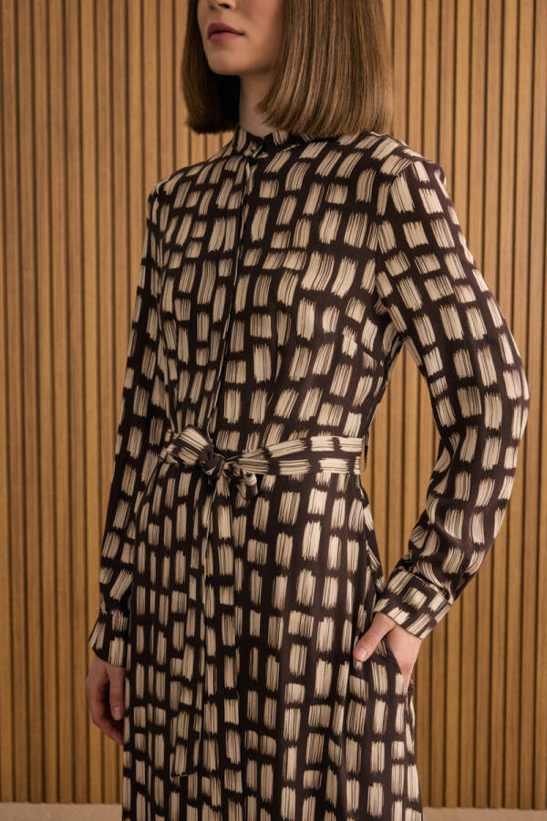 Kahverengi Desenli Viscon Elbise - 6