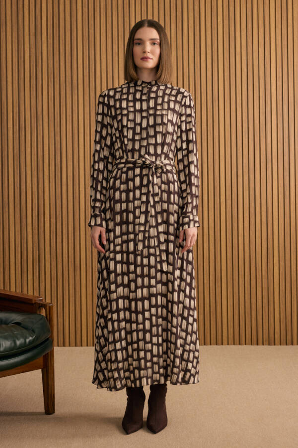 Kahverengi Desenli Viscon Elbise - 4