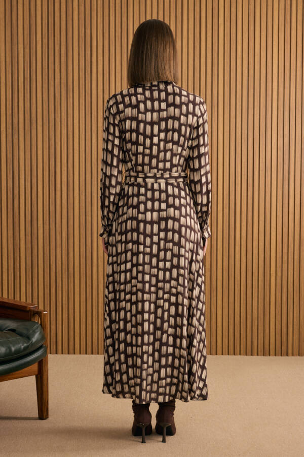 Kahverengi Desenli Viscon Elbise - 7