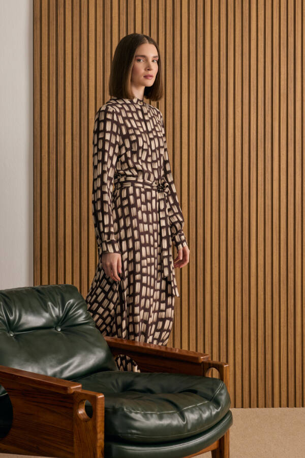 Kahverengi Desenli Viscon Elbise - Aker (1)