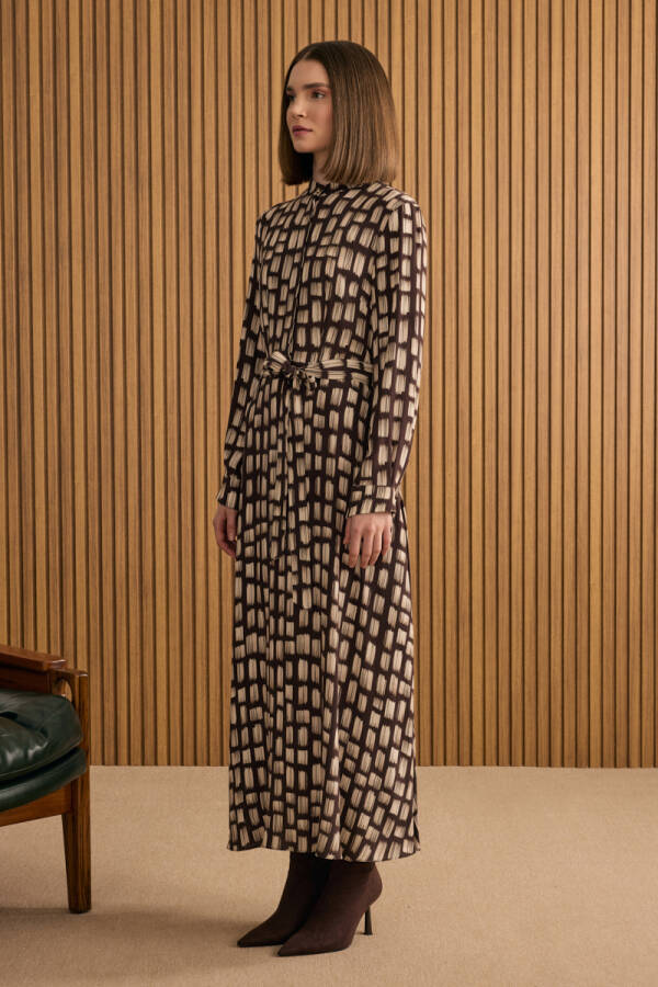 Kahverengi Desenli Viscon Elbise - 5