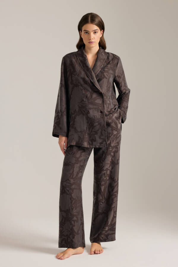 Kahverengi Dokulu Tencel Beli Lastikli Pijama Altı - Aker