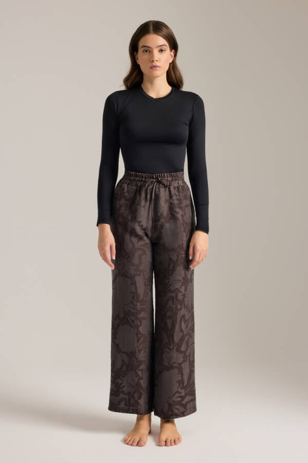 Kahverengi Dokulu Tencel Beli Lastikli Pijama Altı - 3