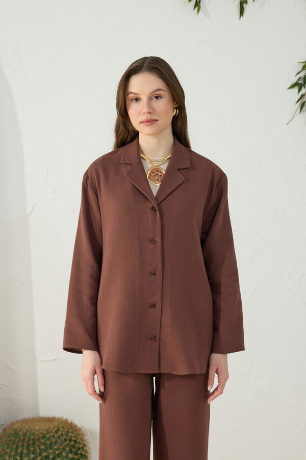 Kahverengi Düşük Omuz Ceket Yaka Pijama Üstü - 2