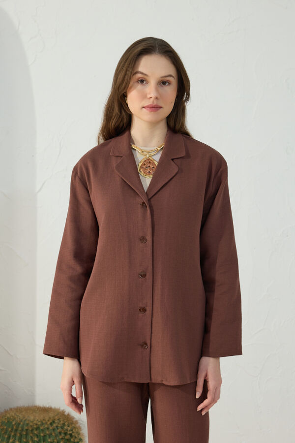 Kahverengi Düşük Omuz Ceket Yaka Pijama Üstü - 3