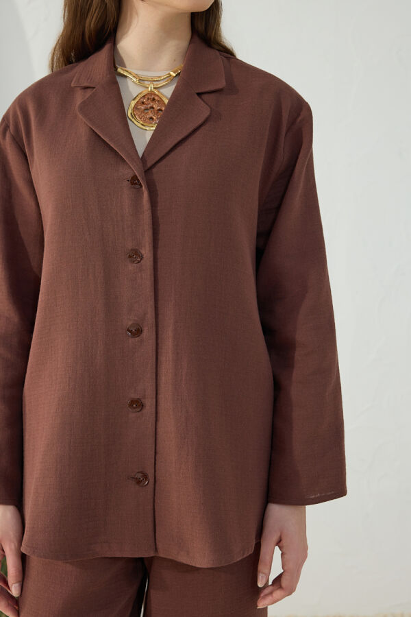 Kahverengi Düşük Omuz Ceket Yaka Pijama Üstü - 5