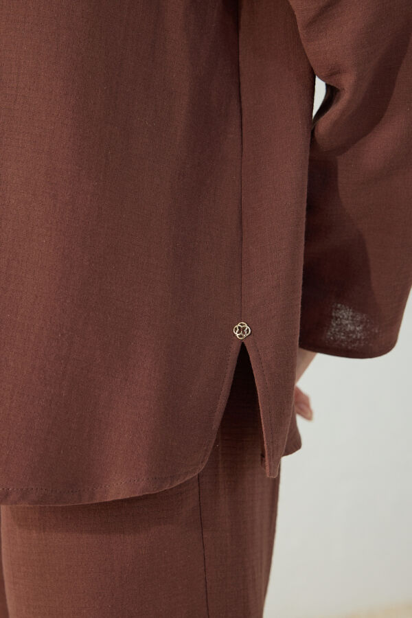 Kahverengi Düşük Omuz Ceket Yaka Pijama Üstü - 6