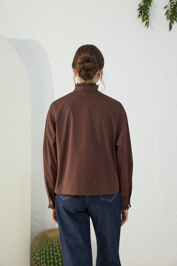 Kahverengi Fonksiyonel Dantel Detaylı Bluz - 7