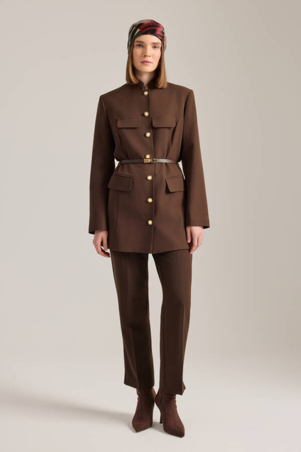 Kahverengi Kemer Aksesuarlı Hakim Yaka Ceket - 4