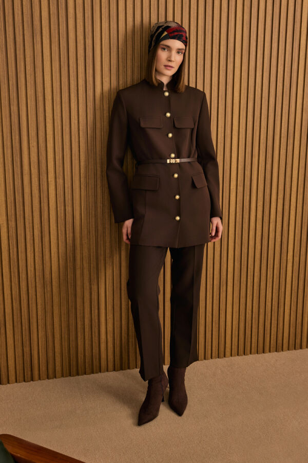 Kahverengi Kemer Aksesuarlı Hakim Yaka Ceket - Aker (1)