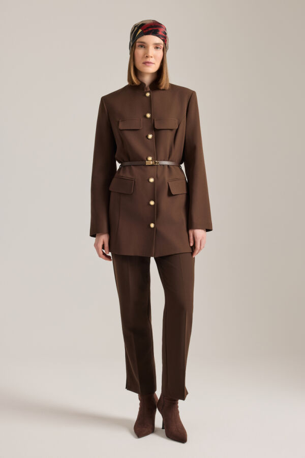 Kahverengi Kemer Aksesuarlı Hakim Yaka Ceket - 4