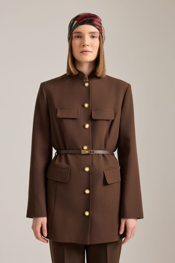 Kahverengi Kemer Aksesuarlı Hakim Yaka Ceket - 5