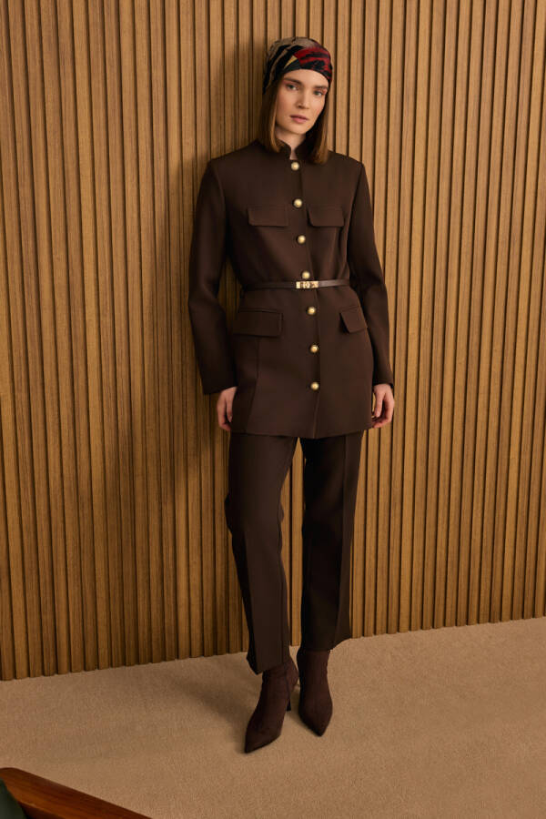 Kahverengi Kemer Aksesuarlı Hakim Yaka Ceket - Aker (1)