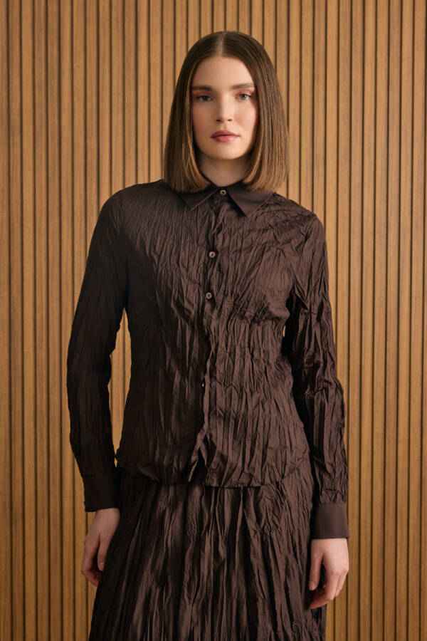 Kahverengi Kraşlı Cotton Gömlek - 1