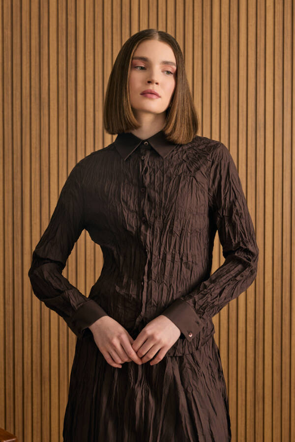 Kahverengi Kraşlı Cotton Gömlek - 4