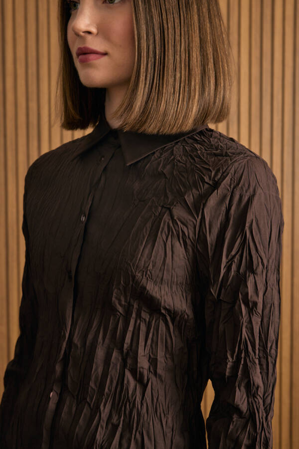 Kahverengi Kraşlı Cotton Gömlek - 6