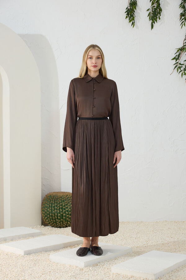 Kahverengi Kraşlı Saten Etek - Aker (1)