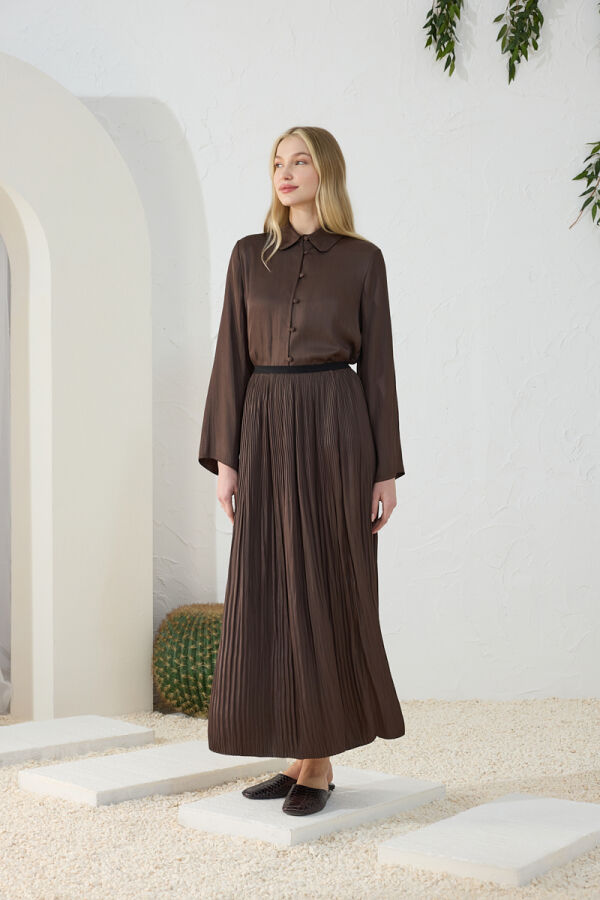 Kahverengi Kraşlı Saten Etek - 3