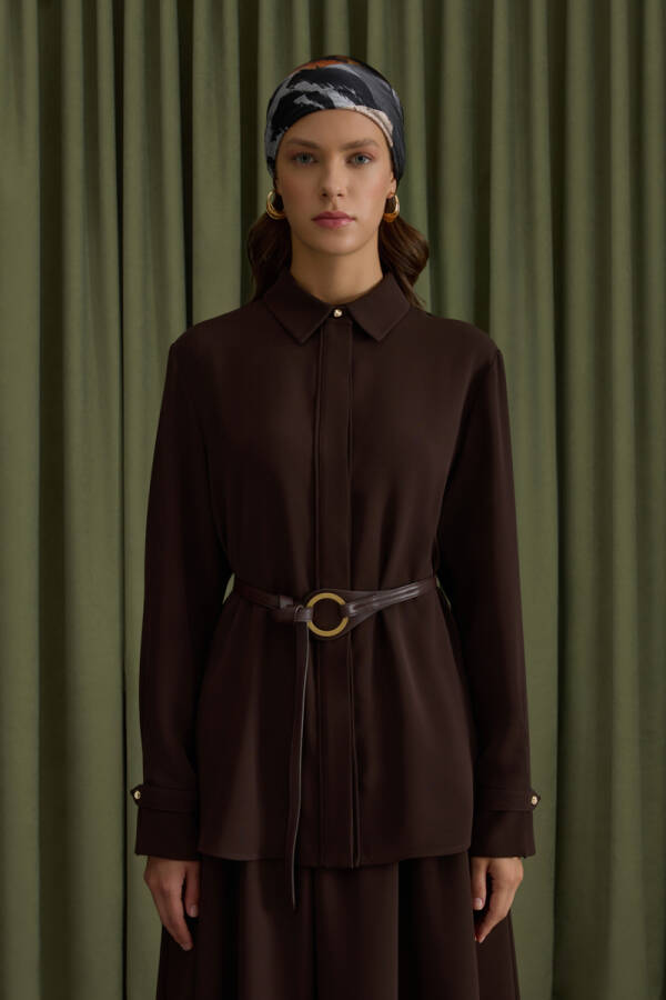 Kahverengi Krep Bluz - Aker