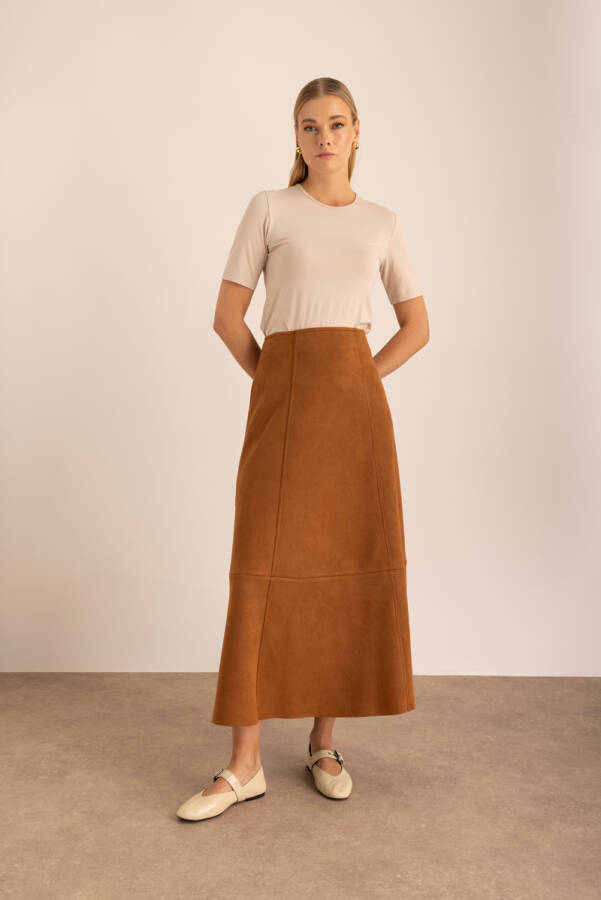 Kahverengi Kup Detaylı Süet Evaze Etek - Aker (1)