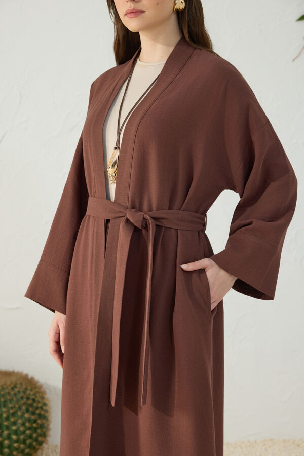 Kahverengi Kuşaklı Rahat Kalıp Sabahlık - 6