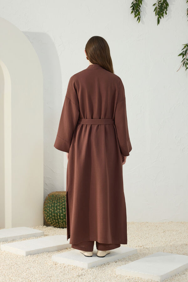 Kahverengi Kuşaklı Rahat Kalıp Sabahlık - 7