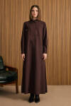 Kahverengi Önden Düğmeli Modal Gömlek Elbise 