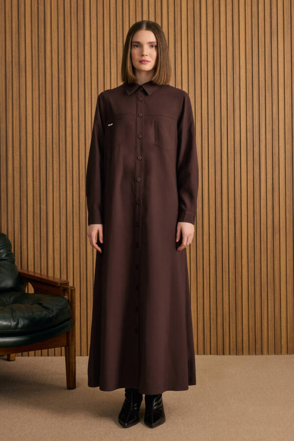 Kahverengi Önden Düğmeli Modal Gömlek Elbise - Aker
