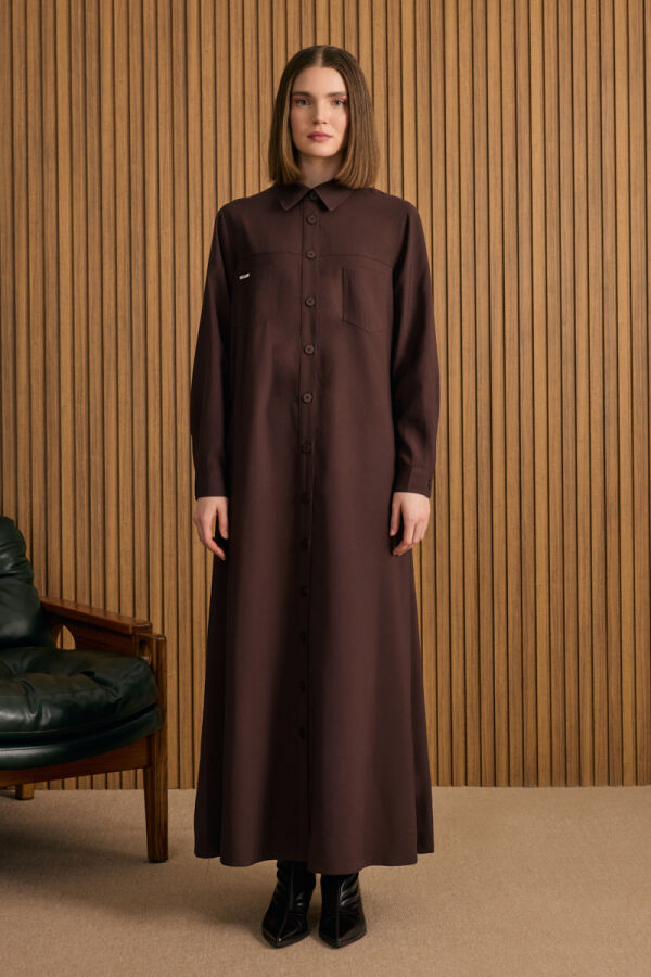Kahverengi Önden Düğmeli Modal Gömlek Elbise - 1