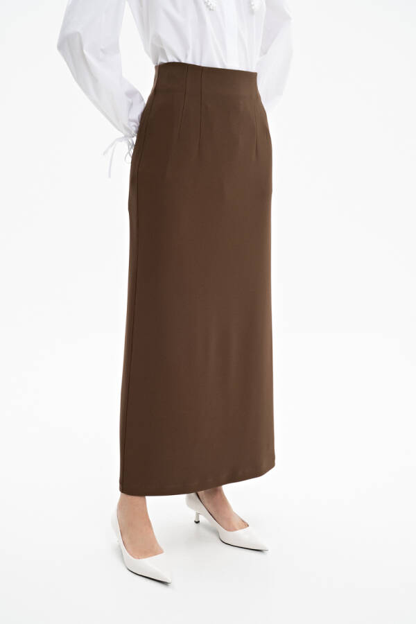 Kahverengi Örme Kumaş Kalem Etek - 4