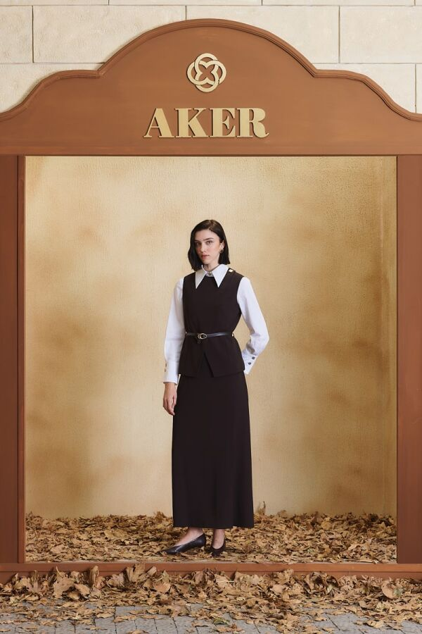 Kahverengi Pili Detaylı Krep Etek - Aker