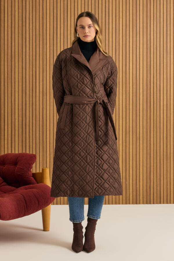 Kahverengi Seyyar Kuşaklı Kapitone Mont - Aker (1)