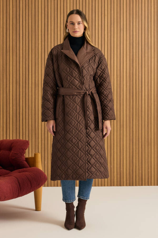 Kahverengi Seyyar Kuşaklı Kapitone Mont - 3