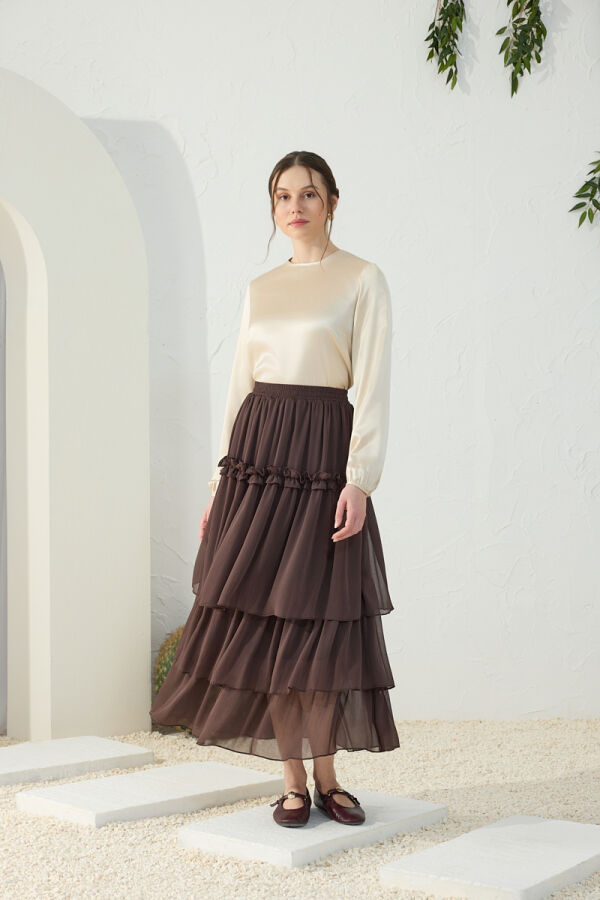 Kahverengi Şifon Katmanlı Etek - 2
