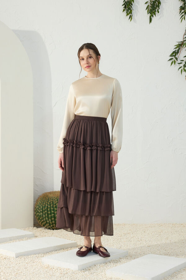 Kahverengi Şifon Katmanlı Etek - 3