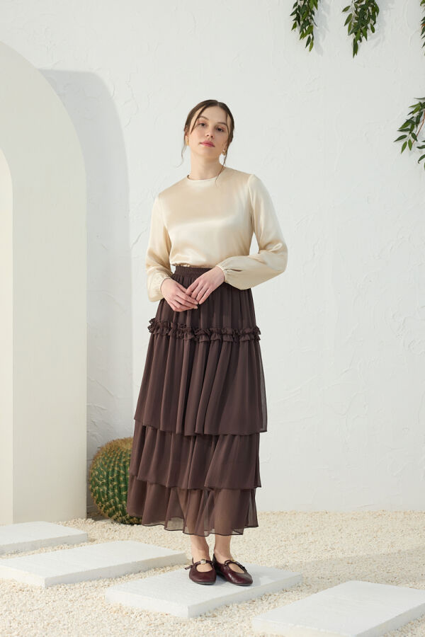 Kahverengi Şifon Katmanlı Etek - 4
