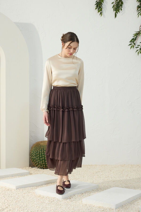 Kahverengi Şifon Katmanlı Etek - 5
