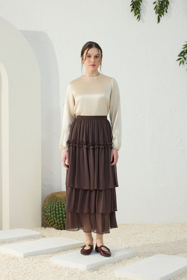 Kahverengi Şifon Katmanlı Etek - 6