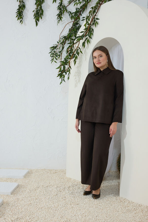 Kahverengi Suet Muz Yaka Bluz - 1