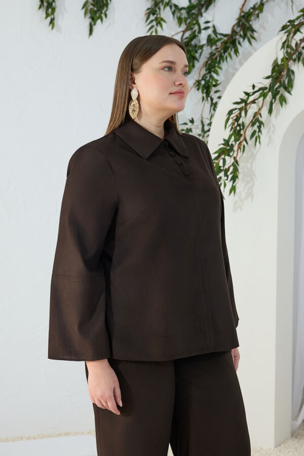 Kahverengi Suet Muz Yaka Bluz - 3