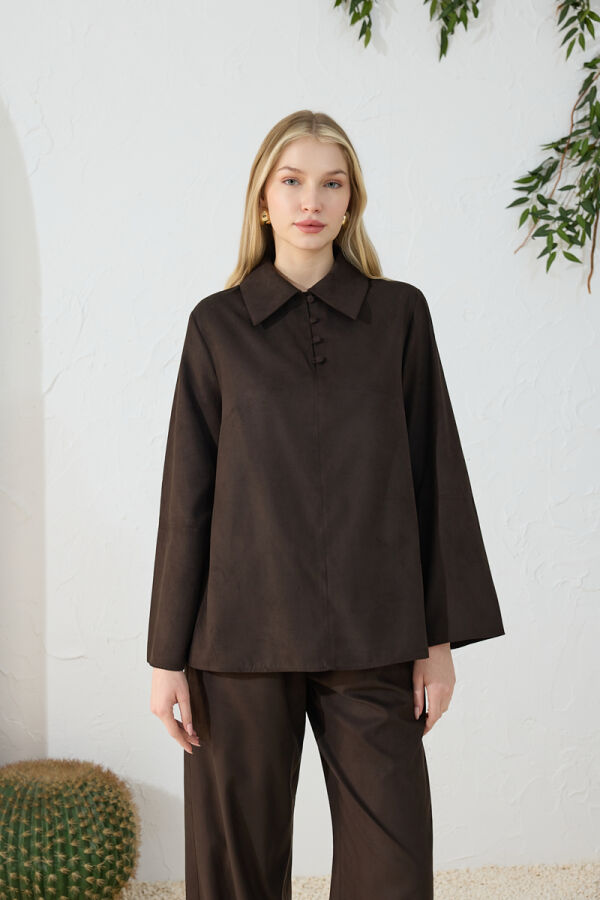 Kahverengi Suet Muz Yaka Bluz - Aker (1)