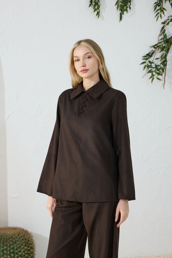 Kahverengi Suet Muz Yaka Bluz - 4