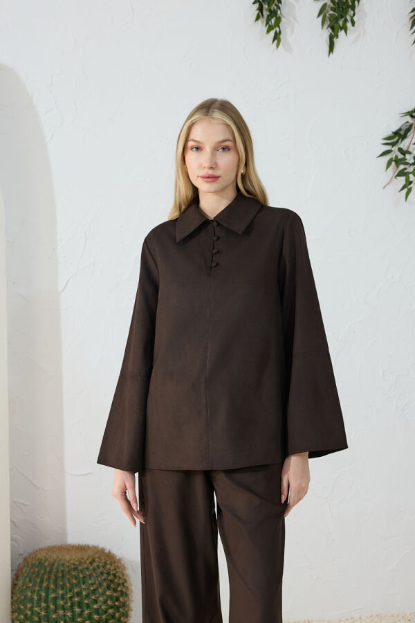 Kahverengi Suet Muz Yaka Bluz - 5