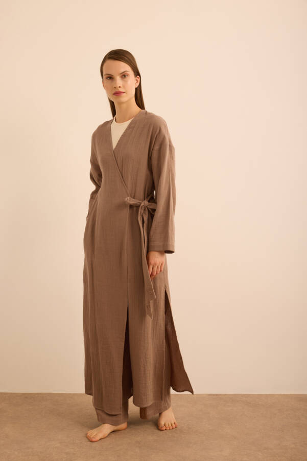 Kahverengi Viscon Cotton , Yandan Bağlamalı Sabahlık - 3