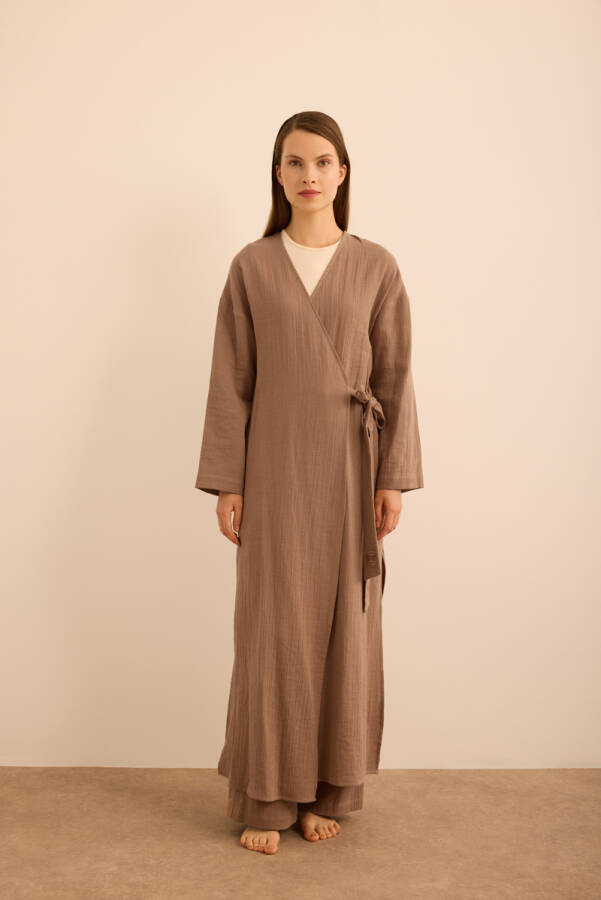 Kahverengi Viscon Cotton , Yandan Bağlamalı Sabahlık - 5