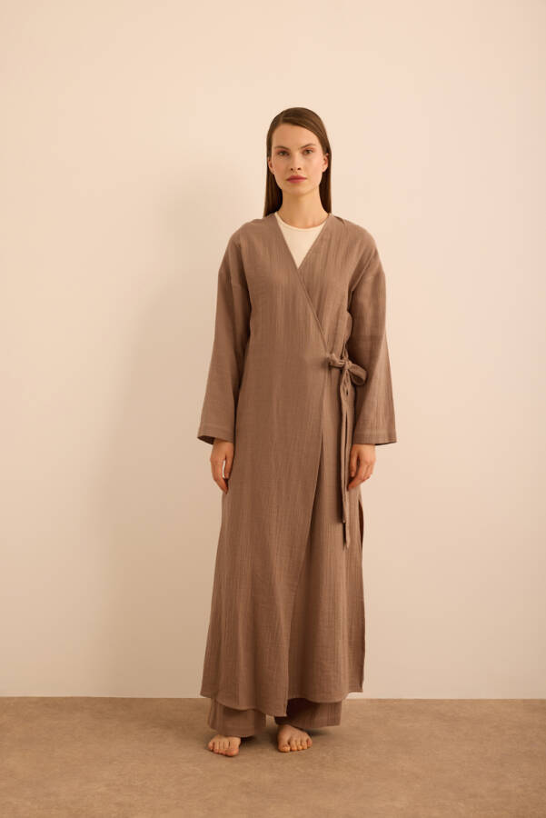 Kahverengi Viscon Cotton , Yandan Bağlamalı Sabahlık - 1